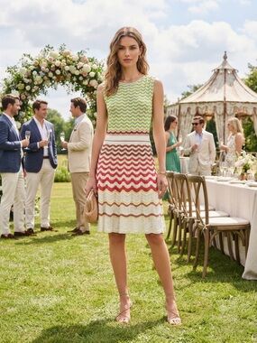 M by Missoni Sleeveless Wave-Knit Midi Dress in Green, Red, Cream